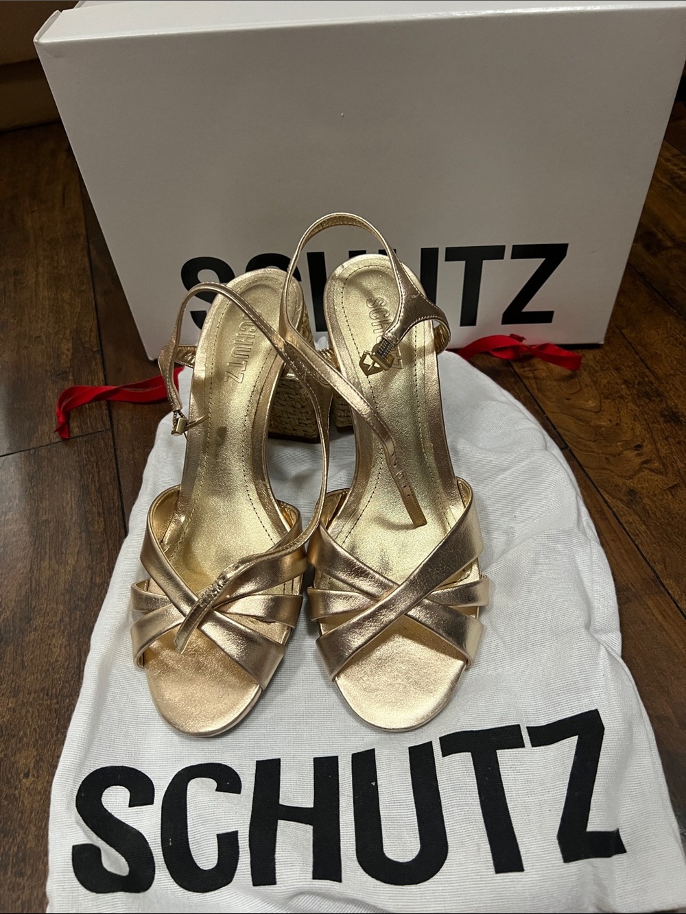 SCHUTZ gold Napa raffia shoes